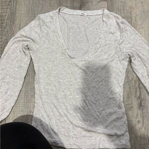 Garage Light Gray Ribbed V-Neck Long Sleeve Top